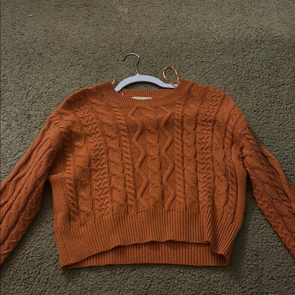 Orange Cable Knit Crew Neck Sweater